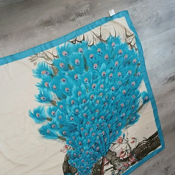 Super Large Teal Peacock and Cherry Blossom Scarf Wrap - Picture 9 of 9